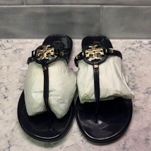 Tory Burch Black and Gold Jelly Thong Sandals Gold Miller Medallion size 8